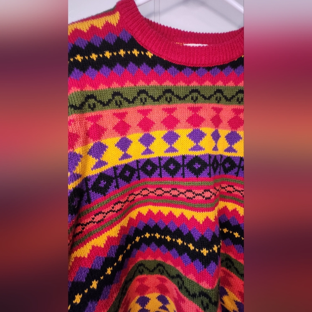Vintage 80s 90s Interim Geometric Knit Sweater Bold Colorful Sz small Coogi Vibe - Picture 5 of 10